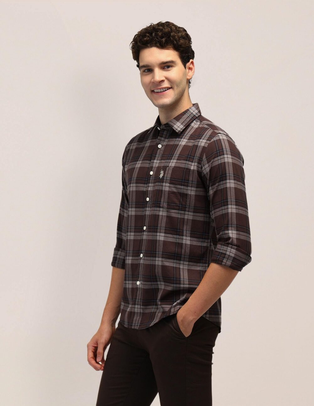 U.S. POLO ASSN. Men's Checked Tailored Fit Shirt (USSHTFX0585_Brown - Image 4
