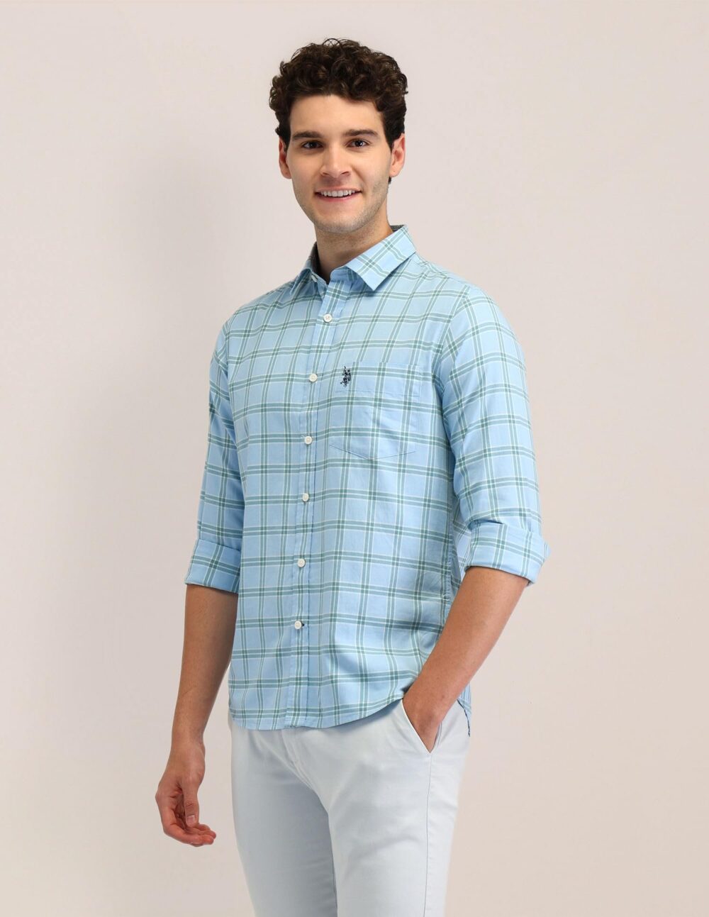 U.S. POLO ASSN. Men's Checked Tailored Fit Shirt (USSHTFX0589_Light Blue - Image 4