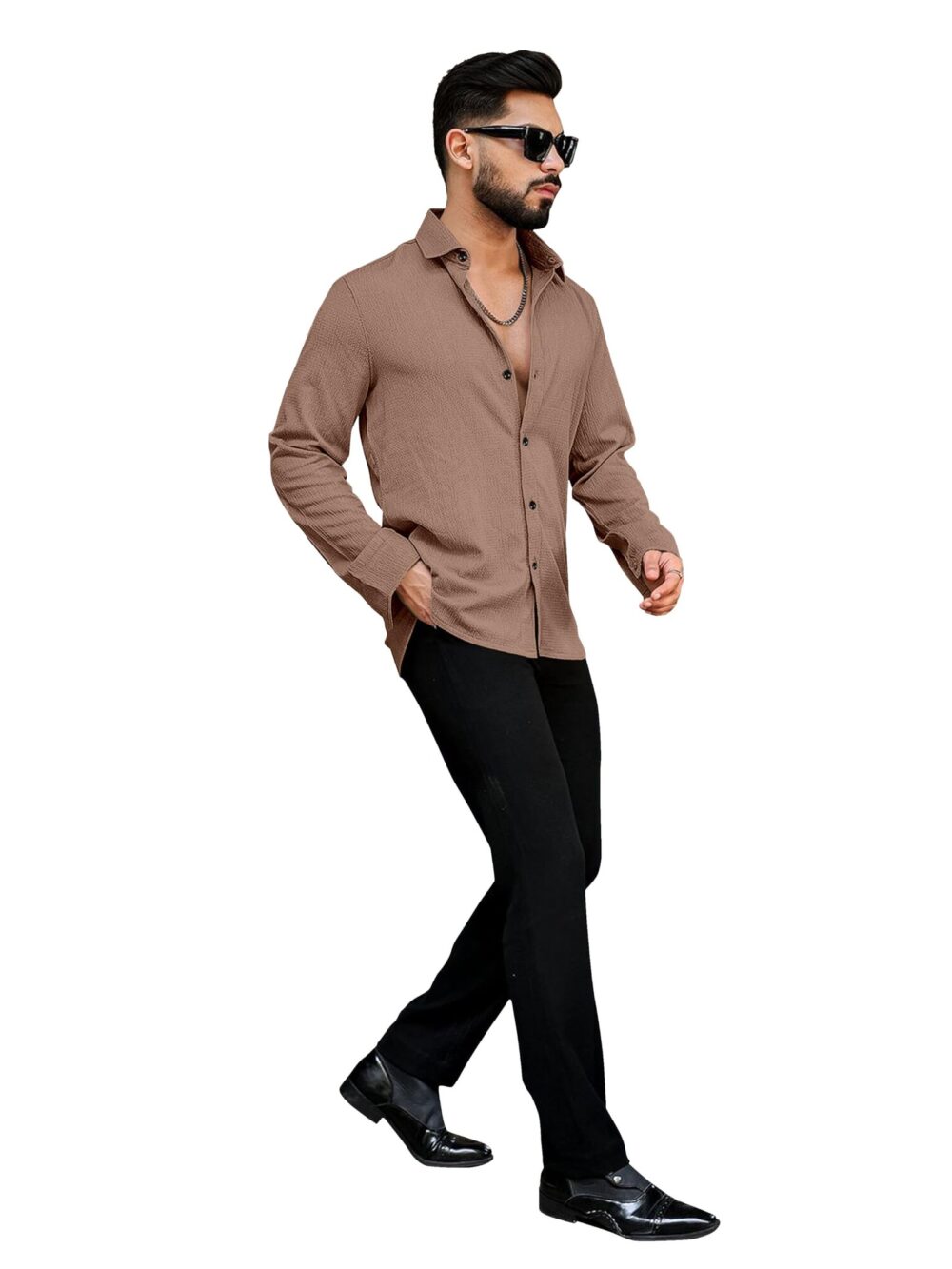Men's Regular Fit Poly Popcorn Casual Shirt White Coffee - Image 2