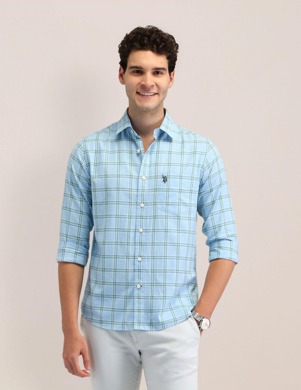 U.S. POLO ASSN. Men's Checked Tailored Fit Shirt (USSHTFX0589_Light Blue - Image 7