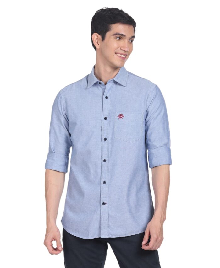U.S. POLO ASSN. Men's Solid Spread Collar Premium Cotton Oxford Tailored Fit Shirt (USSHTR0027_DK. Blue_S)