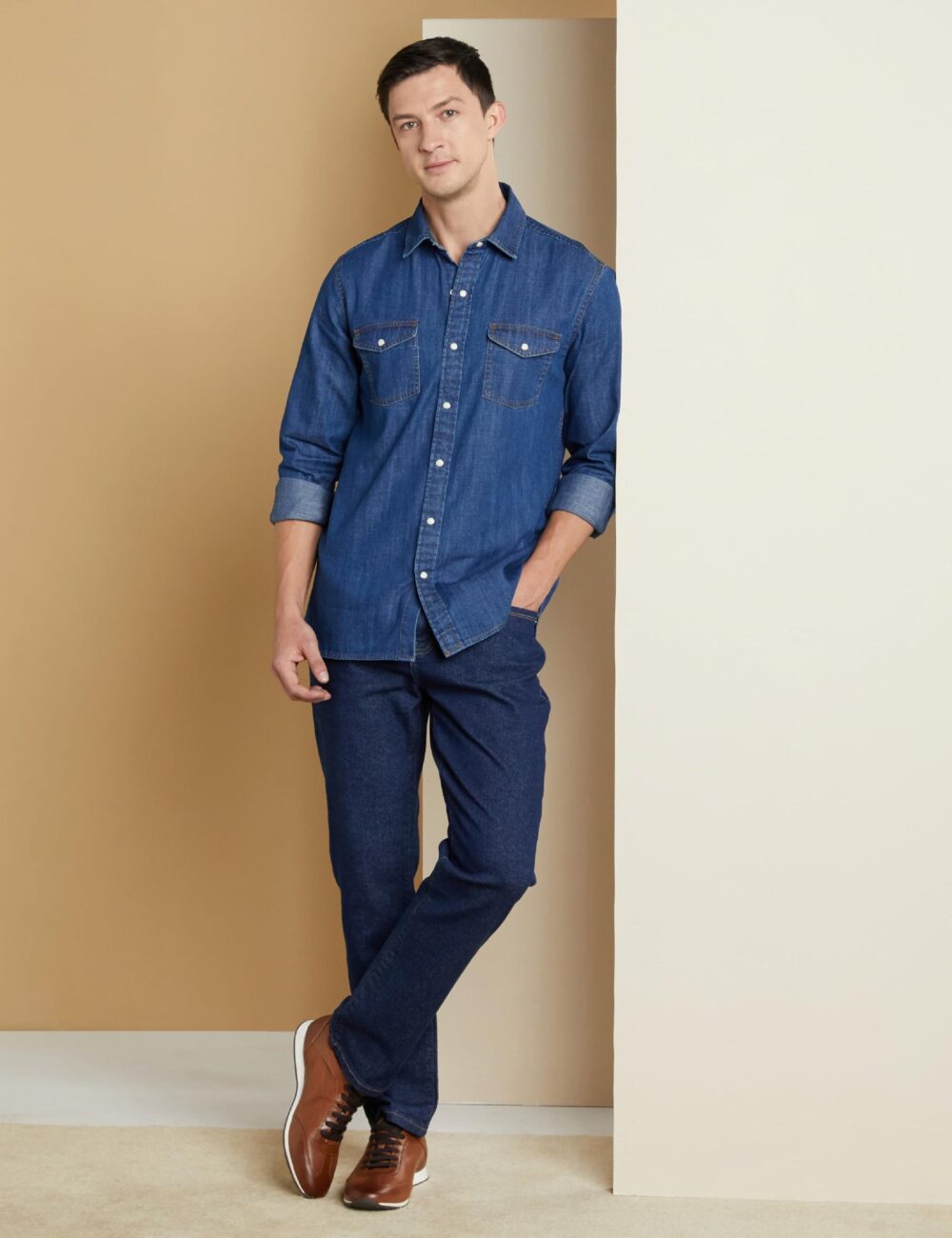 Symbol Premium Men's Casual Cotton Denim Shirt (Regular Fit) (Mid Indigo_S) - Image 5