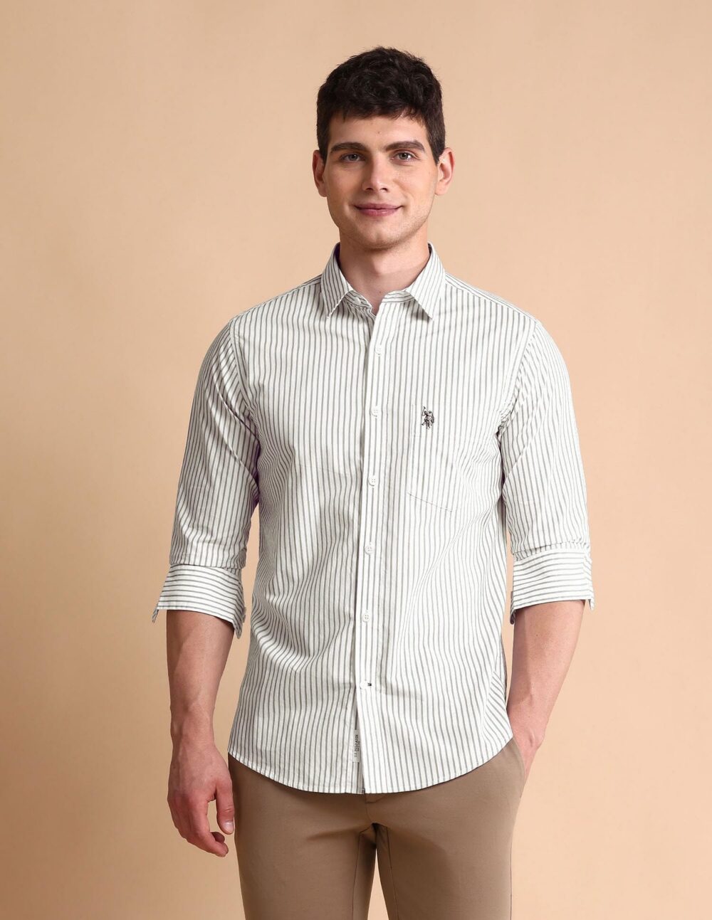 U.S. POLO ASSN. Men's Striped Tailored Fit Shirt (USSHTFX0681_Grey - Image 3