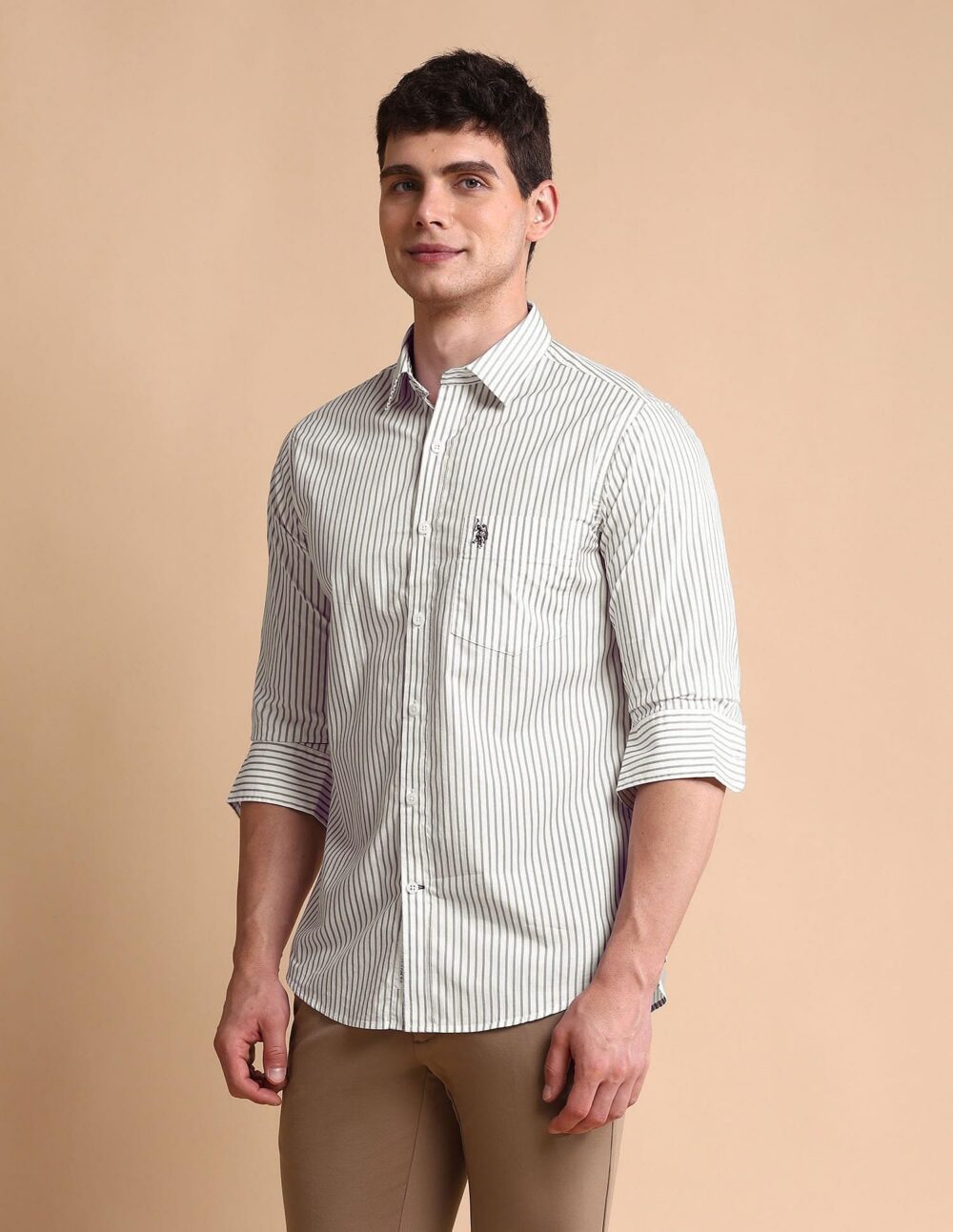 U.S. POLO ASSN. Men's Striped Tailored Fit Shirt (USSHTFX0681_Grey - Image 5