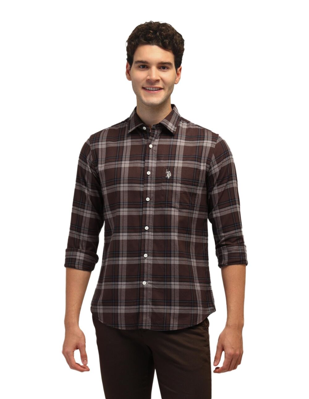 U.S. POLO ASSN. Men's Checked Tailored Fit Shirt (USSHTFX0585_Brown