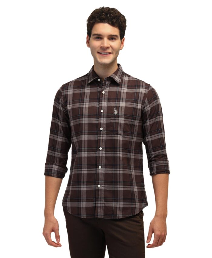 U.S. POLO ASSN. Men's Checked Tailored Fit Shirt (USSHTFX0585_Brown