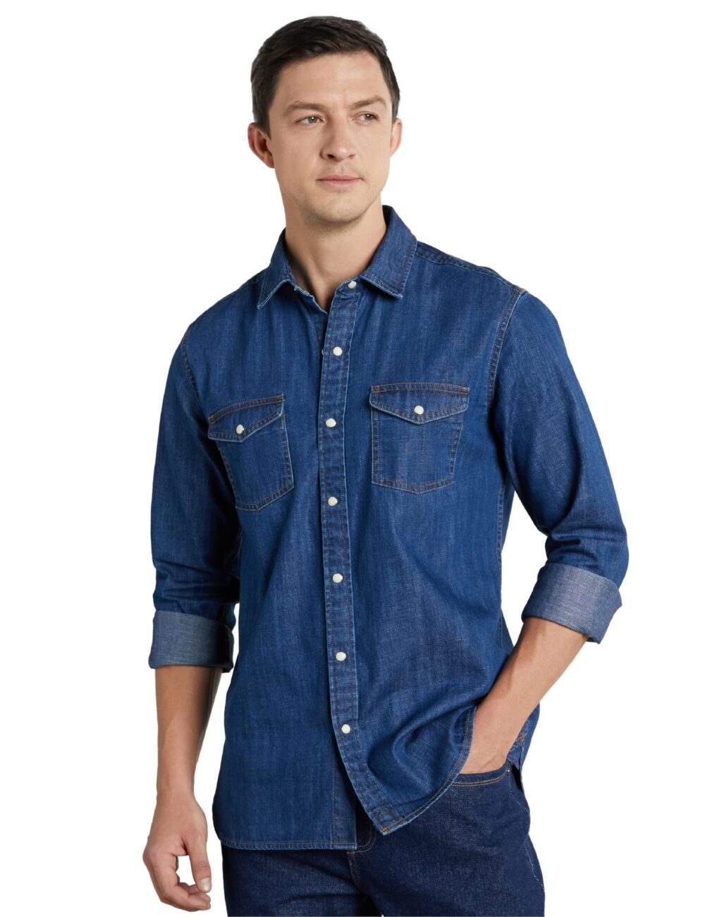 Symbol Premium Men's Casual Cotton Denim Shirt (Regular Fit) (Mid Indigo_S)