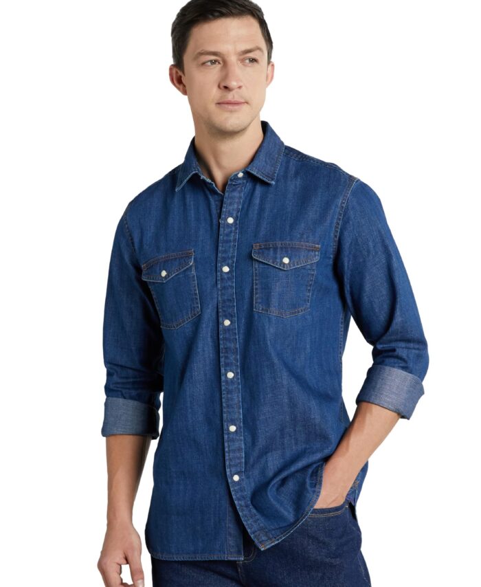 Symbol Premium Men's Casual Cotton Denim Shirt (Regular Fit) (Mid Indigo_S)