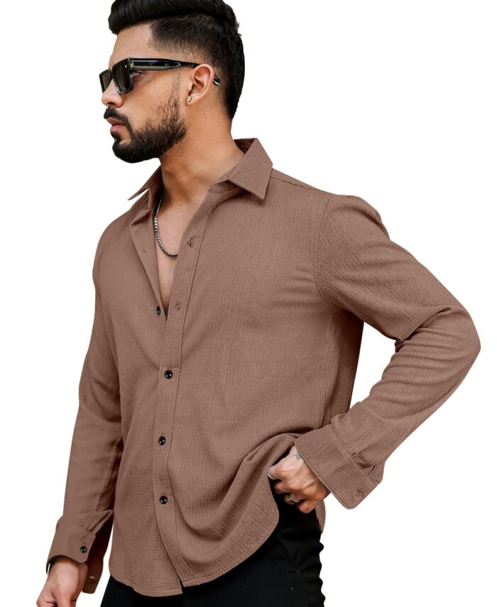Men's Regular Fit Poly Popcorn Casual Shirt White Coffee
