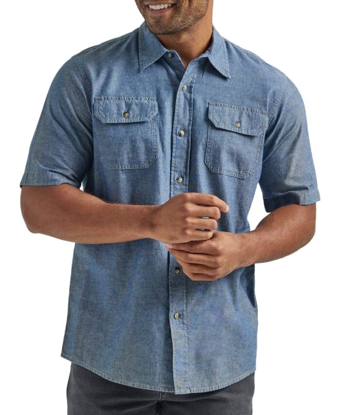 Wrangler Authentics Men's Short Sleeve Classic Woven Shirt, Dark Chambray, Medium