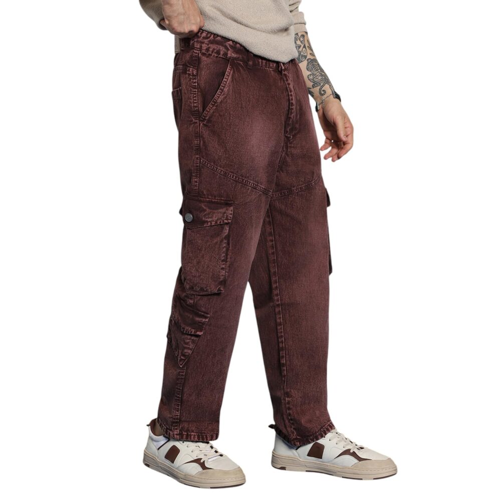 Urbano Fashion Men's Brown Loose Baggy Fit Washed Cargo Jeans with 7 Pockets Non-Stretchable (jeanlscargocns3p-brown-32)