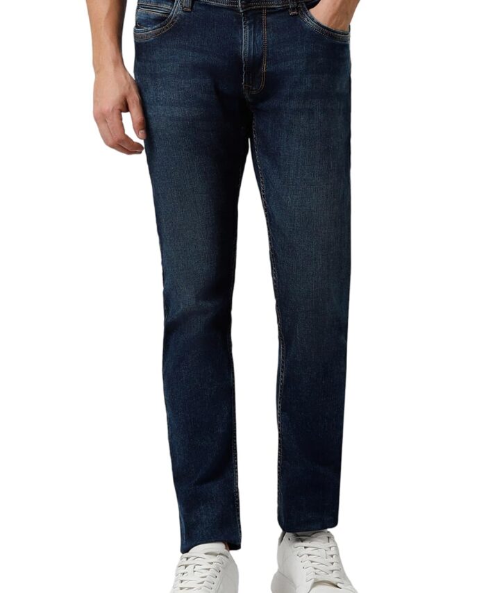 Peter England Men's Slim Tapered Stretchable Twill Mid Rise Jeans, 32 Denim Blue