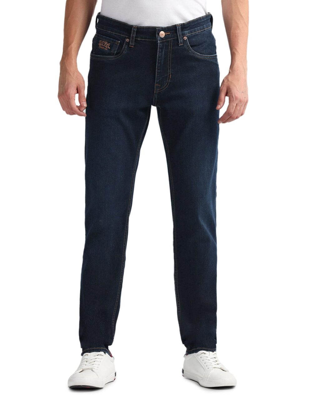 U.S. POLO ASSN. Men's Brandon Slim Tapered Fit Mid Rise Jeans (UDJENO1808_Blue - Dark Washed_34)