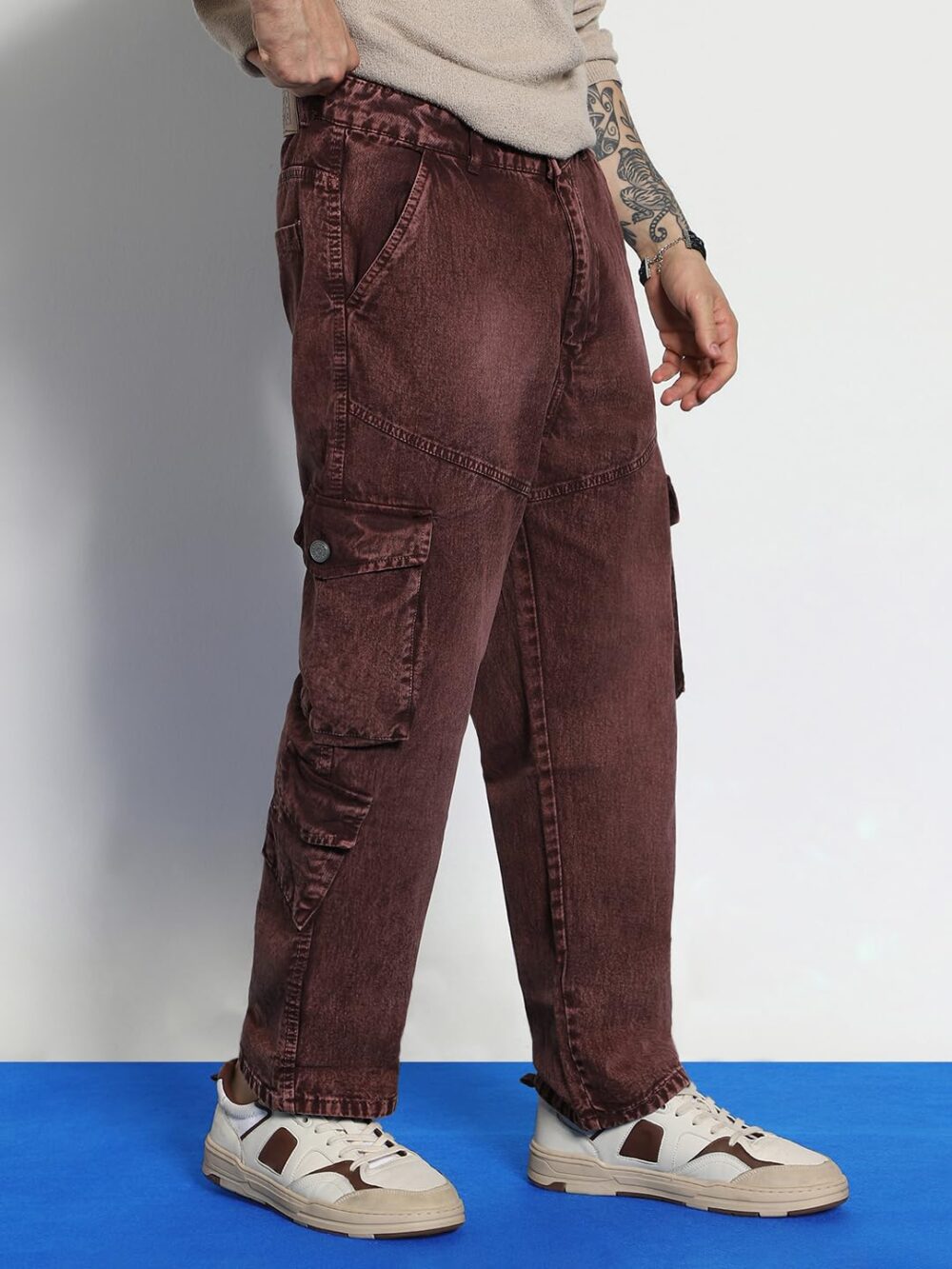 Urbano Fashion Men's Brown Loose Baggy Fit Washed Cargo Jeans with 7 Pockets Non-Stretchable (jeanlscargocns3p-brown-32) - Image 7