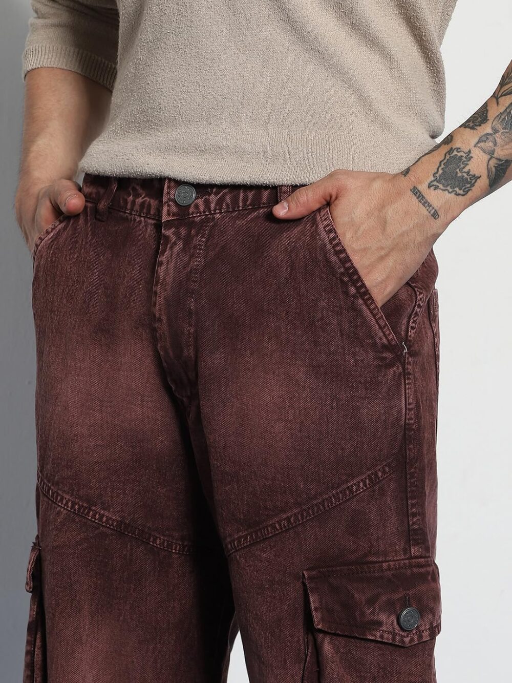 Urbano Fashion Men's Brown Loose Baggy Fit Washed Cargo Jeans with 7 Pockets Non-Stretchable (jeanlscargocns3p-brown-32) - Image 3